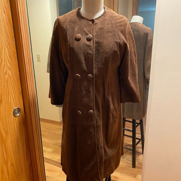 Double breasted faux suede coat. Brown. Medium. - Picture 1 of 7